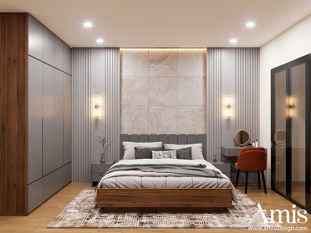 Phòng ngủ được sự dùng màu trung tính cho thiết kế nhà phố hiện đại